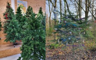 2 afbeeldingen van kunstkerstboom en kerstboom met kerstballen in het bos