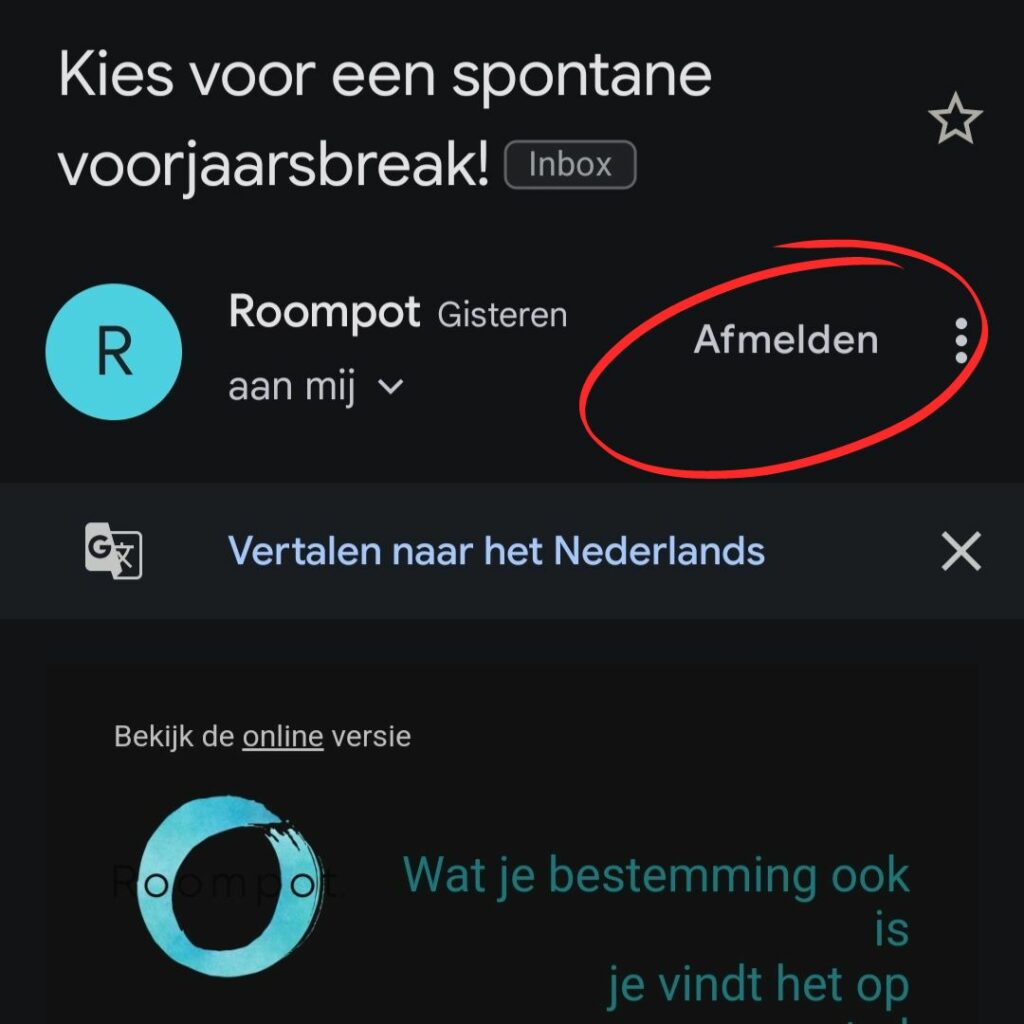 mail van roompot met de Afmelden knop